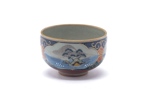 Front view of the scenic Kutani cup rotated to show more of the painted landscape.