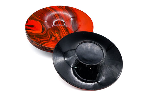 Japanese Chataku - Set of 5 Red Black Lacquer Wavy Tea Saucers