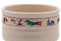 Close-up of the painted decorative band in red, green, and blue.