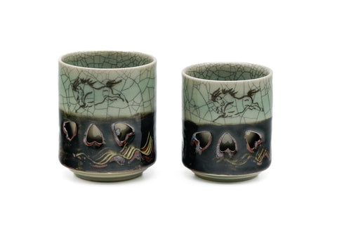 Japanese Teacups - Pair of Obori Soma-yaki Double-Walled Meoto Yunomi