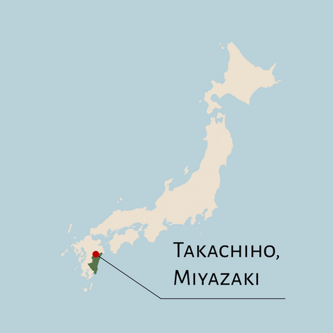 Illustrated map of Japan with Miyazaki Prefecture highlighted in green and a red dot marking Takachiho