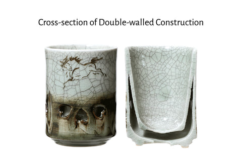Double-walled Obori Soma-yaki Celadon Teacup Pair