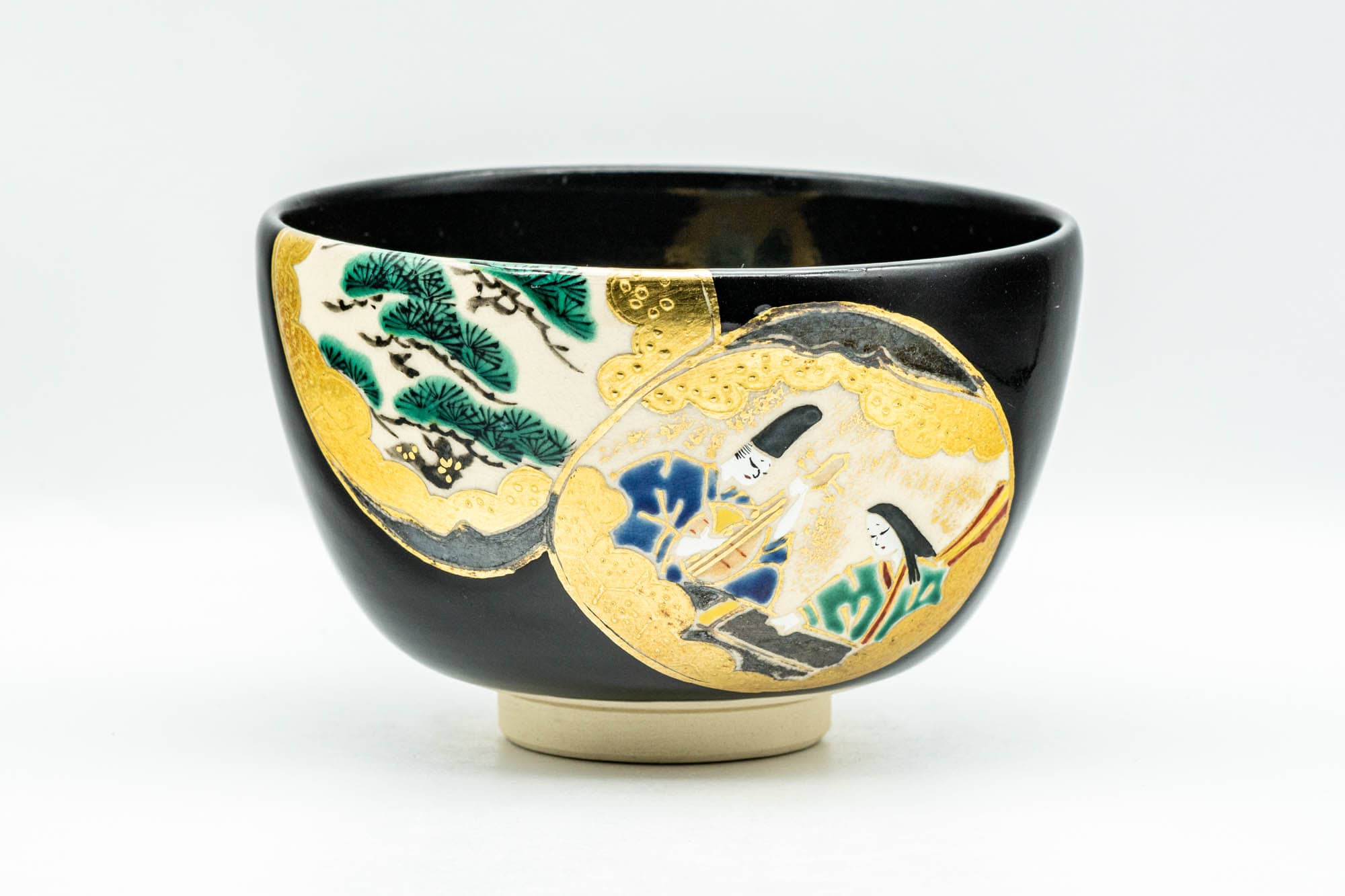 Japanese Matcha Bowl - Azan Tsuji 通次阿山 - Jet Black Gold Bonsai Musicians Kyo-yaki Chawan - 300ml