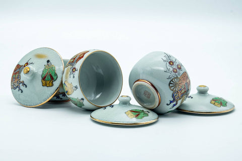 Tezumi — Japanese Tea Set - Villager Decorated Kutani-yaki Kyusu Teapot with 3 Lidded Yunomi Teacups — additional view
