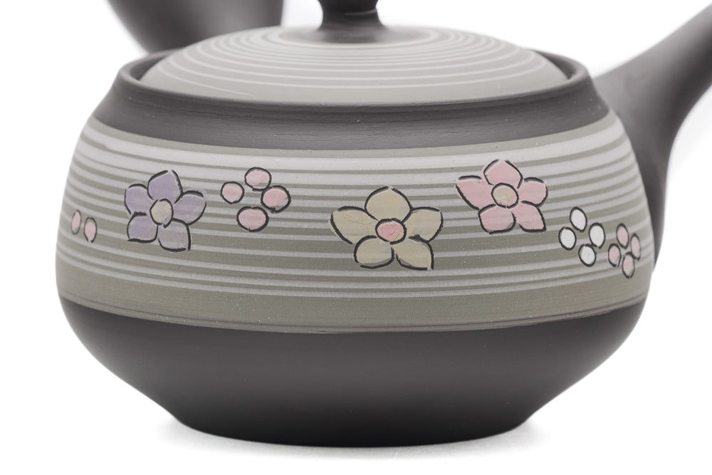Japanese Kyusu - 春秋窯 Shunju Kiln - Grey Floral Tokoname-yaki Ceramic Teapot - 320ml