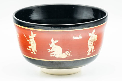 Japanese Matcha Bowl - Gold Bunny Rabbits Black Red Glazed Kyo-yaki Chawan - 350ml - Tezumi