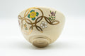 Japanese Matcha Bowl - Floral Geometric Gold Kyo-yaki Chawan - 300ml - three-quarter view of the floral design
