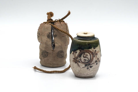 Japanese Chaire - Beige Green Oribe-yaki Tea Jar with Shifuku
