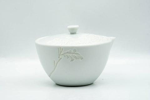 Japanese Houhin - Floral Engraved Arita-yaki Ceramic Filter Porcelain Teapot - 230ml - front view with the lid in place