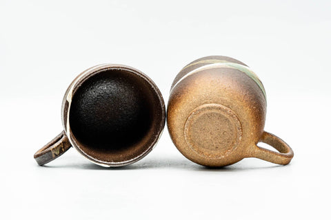 Japanese Teacups - Pair of Brown Textured Ushirode Yunomi - 150ml - the two cups on their sides showing interior and foot