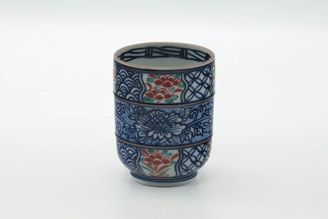 Tezumi — Japanese Teacup - Blue Floral Geometric Arita-yaki Yunomi - 245ml — front view from another angle
