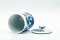 Japanese Teacup - Blue Bird Floral Arita-yaki Lidded Yunomi - 160ml - the cup on its side with the lid removed showing the interior