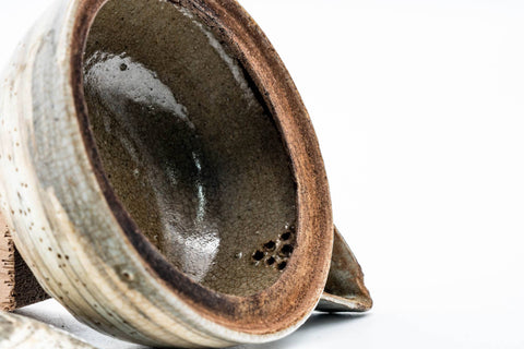 Tezumi — Japanese Houhin - Weathered Grey Hakeme Glazed Handleless Teapot - 140ml — interior view showing the filter