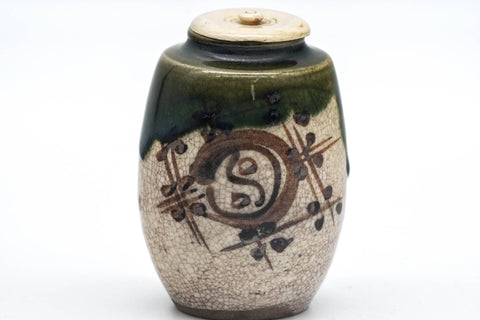 Japanese Chaire - Beige Green Oribe-yaki Tea Jar with Shifuku