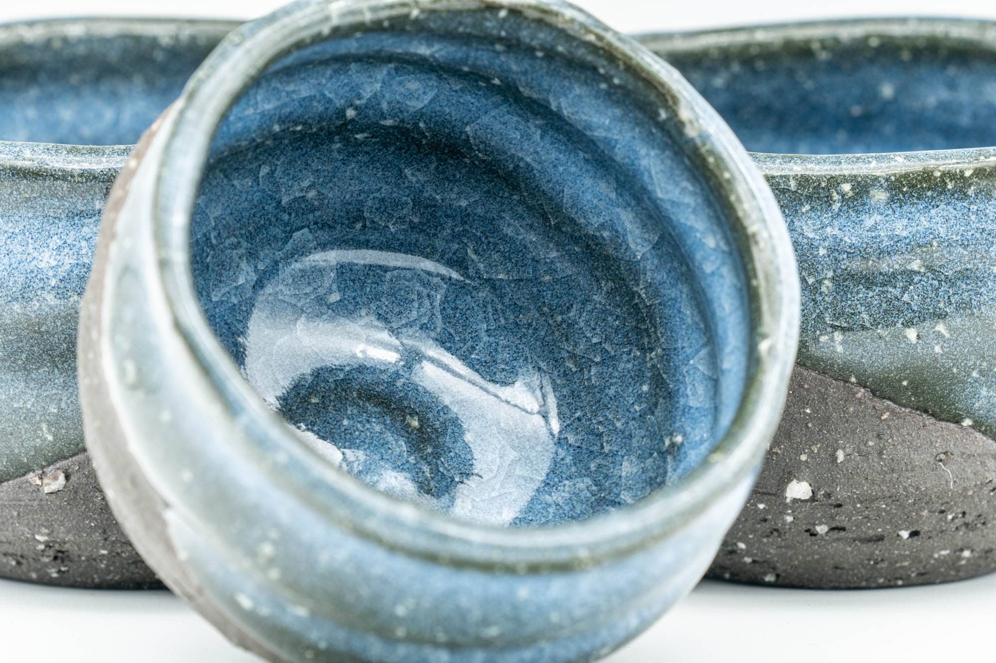 Japanese Teacups - Set of 3 Blue Celadon Snowflake Glazed Stoneware Guinomi - 60ml - Tezumi
