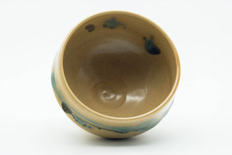 Japanese Matcha Bowl - Beige Green Abstract Kyo-yaki Chawan - 300ml