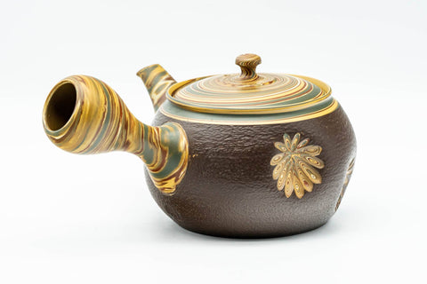 Japanese Kyusu - Engraved Floral Nerikomi Textured Tokoname-yaki Debeso Teapot - 240ml - Tezumi