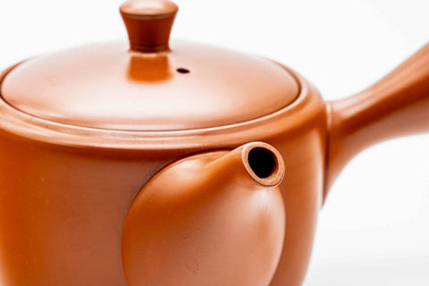 Three-quarter view of the red shudei Tokoname kyusu with lid on, showing the glossy orange clay