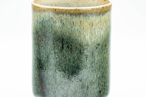 Japanese Teacup - Green Hare's Fur Drip-Glazed Yunomi - 190ml - side profile showing the drip-glaze running down the body
