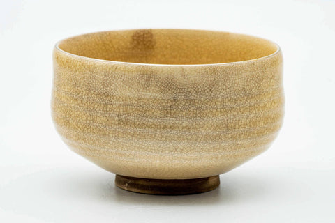 Floral Kutani chawan, front view of the beige crackle-glazed bowl