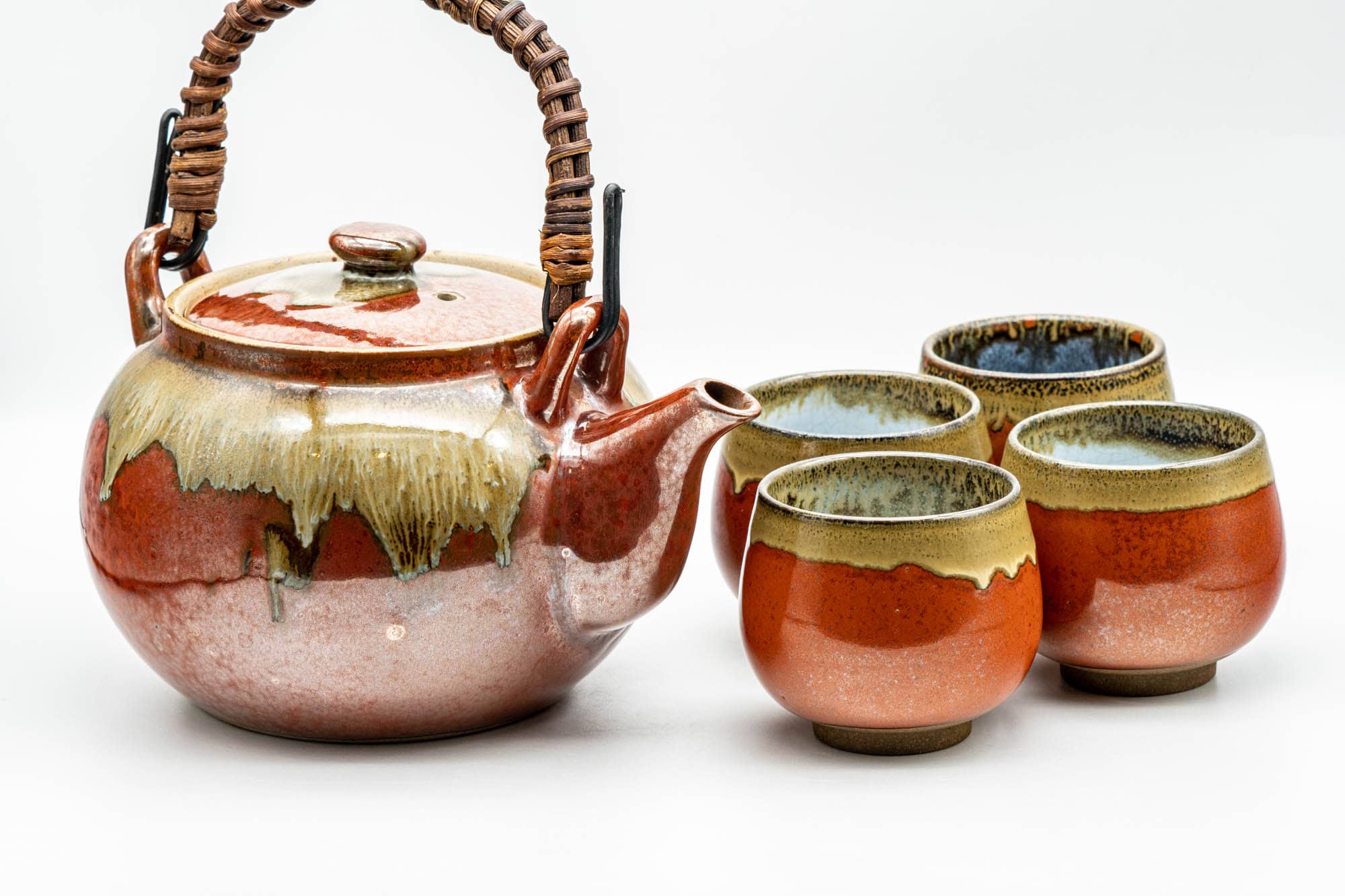 Japanese Tea Set - Red Drip-Glazed Agano-yaki Dobin Teapot and 4 Yunomi Teacups