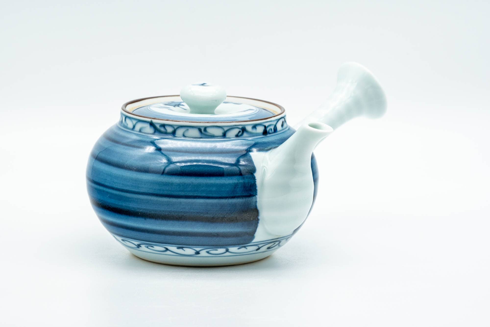 Japanese Kyusu - Blue Striped Village Arita-yaki Debeso Teapot - 300ml - Tezumi