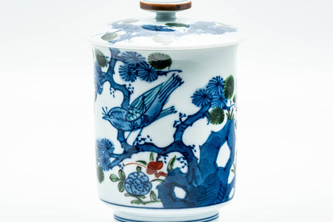 Japanese Teacup - Blue Bird Floral Arita-yaki Lidded Yunomi - 160ml - angled view with the lid leaning against the cup