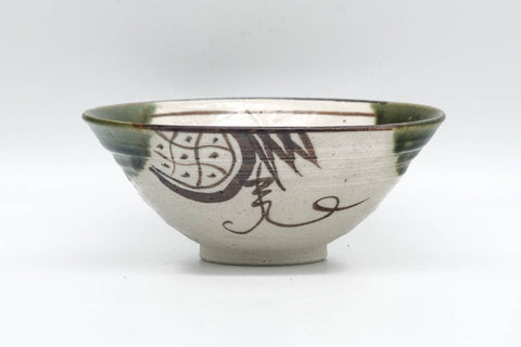 Japanese Matcha Bowl - Abstract Green White Glazed Oribe-yaki Chawan - 150ml