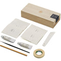 Japanese Kintsugi Kit - overhead view of the full kit laid out with its wooden box, instruction booklets, brushes and masking tape