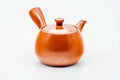 Red shudei Tokoname kyusu, front view with the spout facing forward