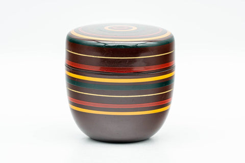 Japanese Natsume - Burgundy Green Yellow Striped Lacquer Matcha Tea Caddy - 100ml - Tezumi