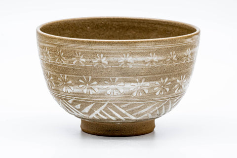 Japanese Matcha Bowl - Brown Chrysanthemum-stamped Mishima Wan-nari Chawan - 475ml