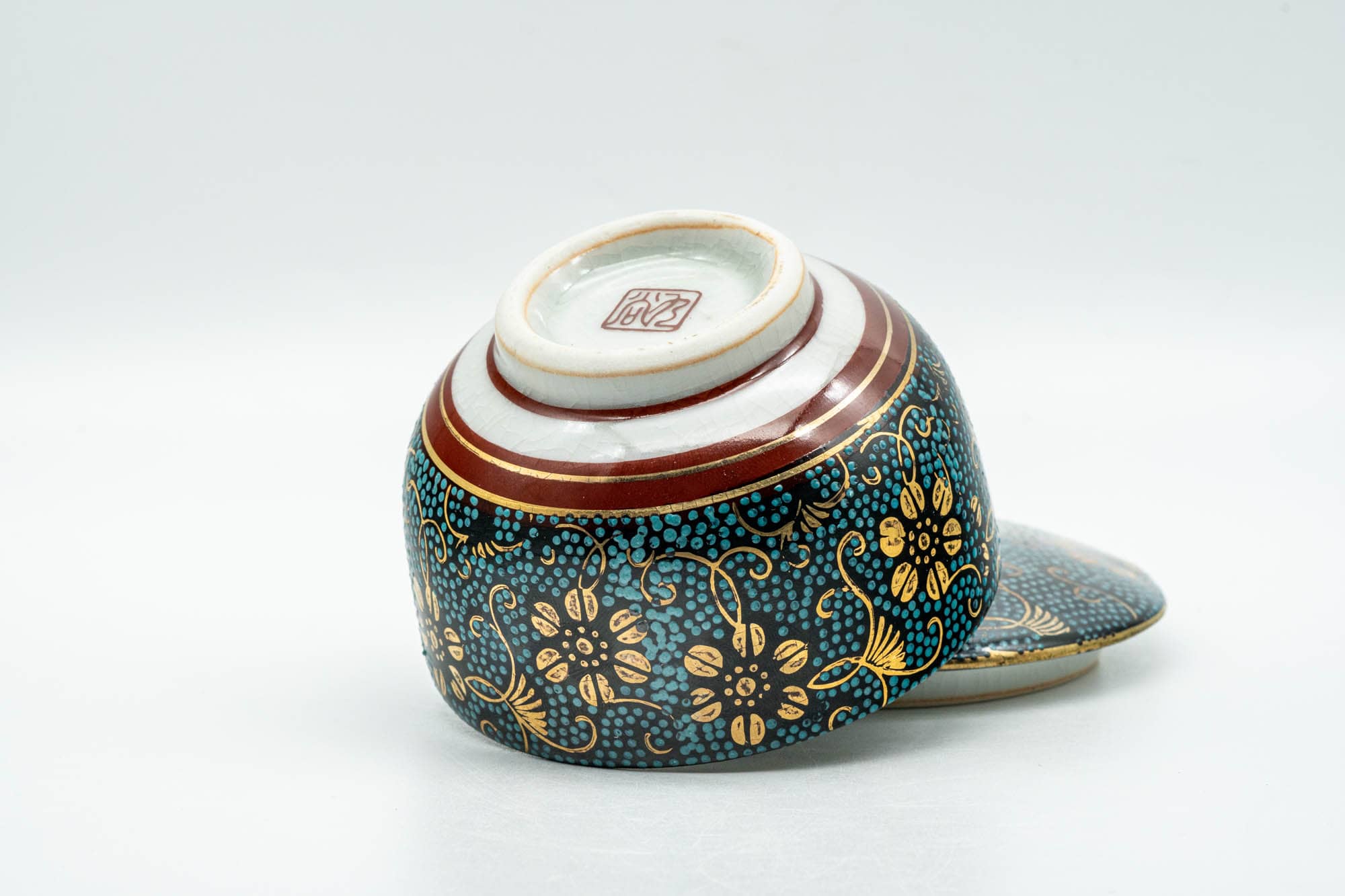 Japanese Teacup - 九谷焼 Floral Aochibu Kutani-yaki Porcelain Lidded Yunomi - 120ml - Tezumi