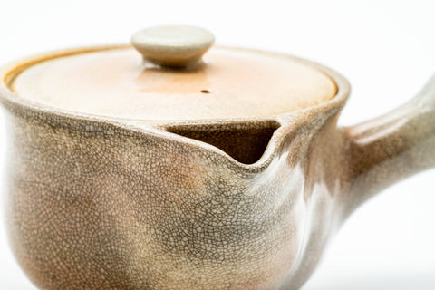 Japanese Kyusu - Weathered Beige Glazed Hagi-yaki Ceramic Filter Teapot - 240ml - three-quarter view showing the spout and beige glaze