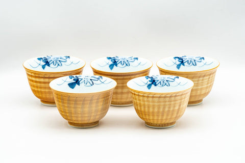 Japanese Tea Set - Yellow Blue Floral White Inner-Glazed Arita-yaki Kyusu Teapot with Katakuchi Water Cooler and 5 Yunomi Teacups