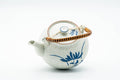 Japanese Dobin - Blue Floral White Textured Arita-yaki Porcelain Teapot - 500ml - side profile with the spout to the left, lid and bail handle in place