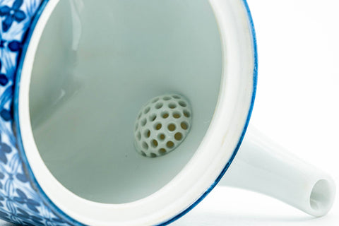 Japanese Kyusu - Blue Geometric Tessellated Arita-yaki Porcelain Teapot - 350ml - interior view with the lid removed, showing the perforated ceramic filter near the spout