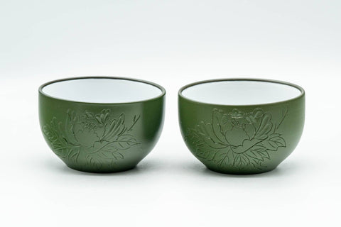 Japanese Teacups - Pair of Green Ryokudei Tokoname-yaki Yunomi - 120ml - side view of the two green teacups upright