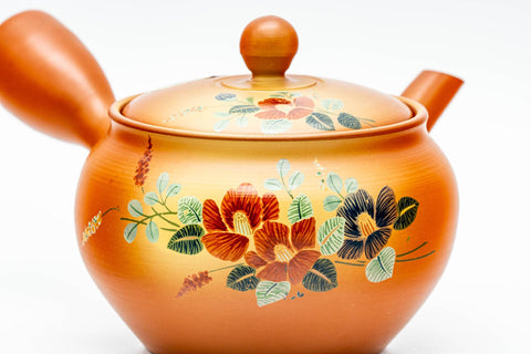 Japanese Tea Set - Floral Tokoname-yaki Kyusu Teapot with 4 Inner-Glazed Yunomi Teacups