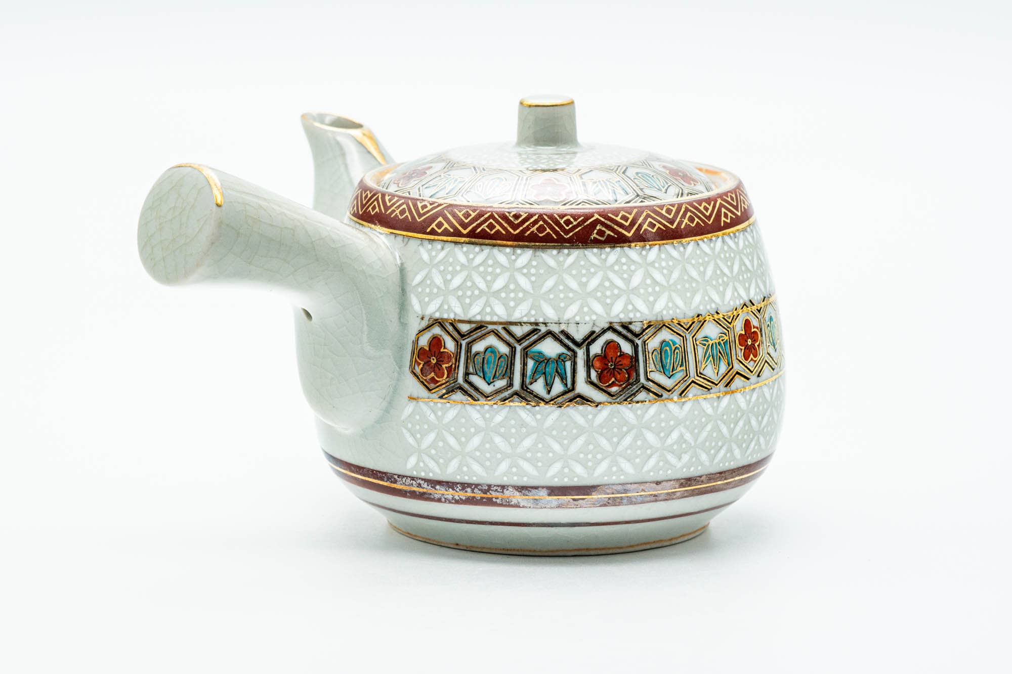 Japanese Tea Set - Gold White Floral Geometric Kutani-yaki Kyusu Teapot with 4 Yunomi Teacups
