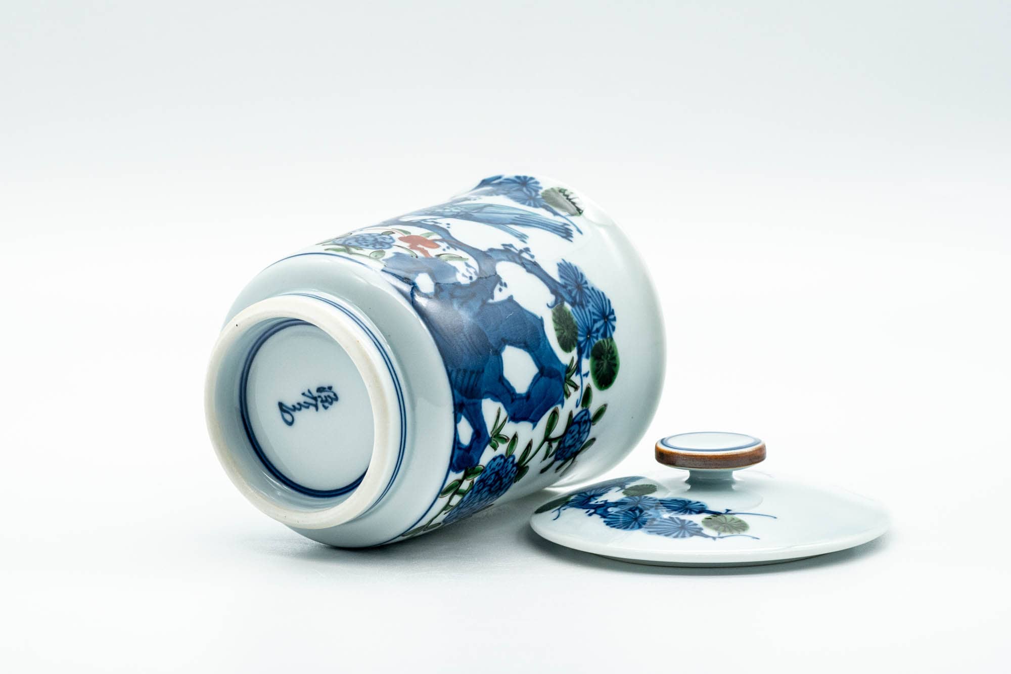 Japanese Teacup - Blue Bird Floral Arita-yaki Lidded Yunomi - 160ml