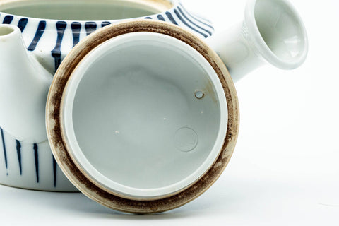 Japanese Kyusu - Blue Striped Weathered Arita-yaki Ceramic Filter Teapot - 300ml