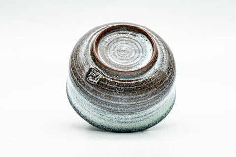 Japanese Teacup - Grey Milky White Drip-Glazed Guinomi - 50ml - cup tipped to show the base and maker's mark