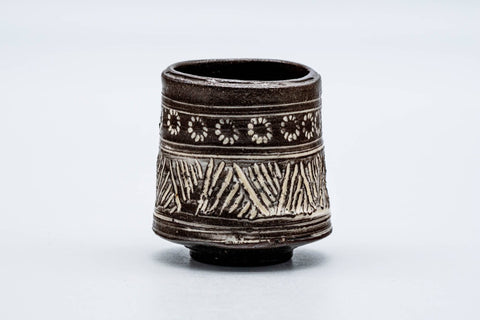 Japanese Teacup - Brown White Floral Mishima Glazed Kiyomizu-yaki Guinomi - 65ml