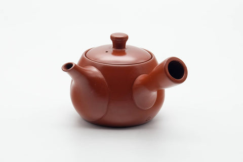 Tezumi — Japanese Kyusu - Smooth Unglazed Dark Red Shudei Tokoname-yaki Mesh Filter Teapot - 290ml — three-quarter view from the opposite side