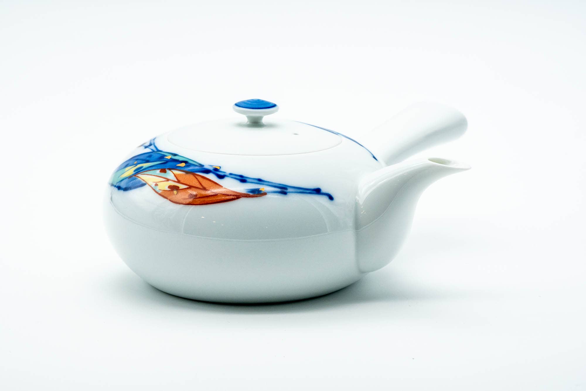 Japanese Kyusu - Blue Orange Leaves Arita-yaki Porcelain Teapot - 350ml