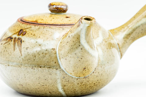 Japanese Kyusu - Bamboo Green Speckled Glazed Ceramic Filter Teapot - 300ml - side view from the other side
