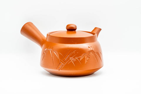 Japanese Kyusu - Bamboo Engraved Red Shudei Tokoname-yaki Debeso Teapot - 360ml