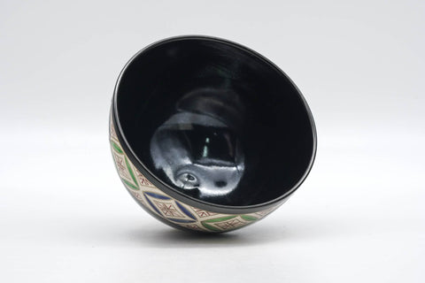 Japanese Matcha Bowl - Geometric Black Glazed Kyo-yaki Chawan - 200ml