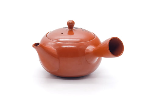 Tezumi — Japanese Kyusu - Engraved Floral Red Shudei Tokoname Mesh Teapot - 320ml — side view showing the spout